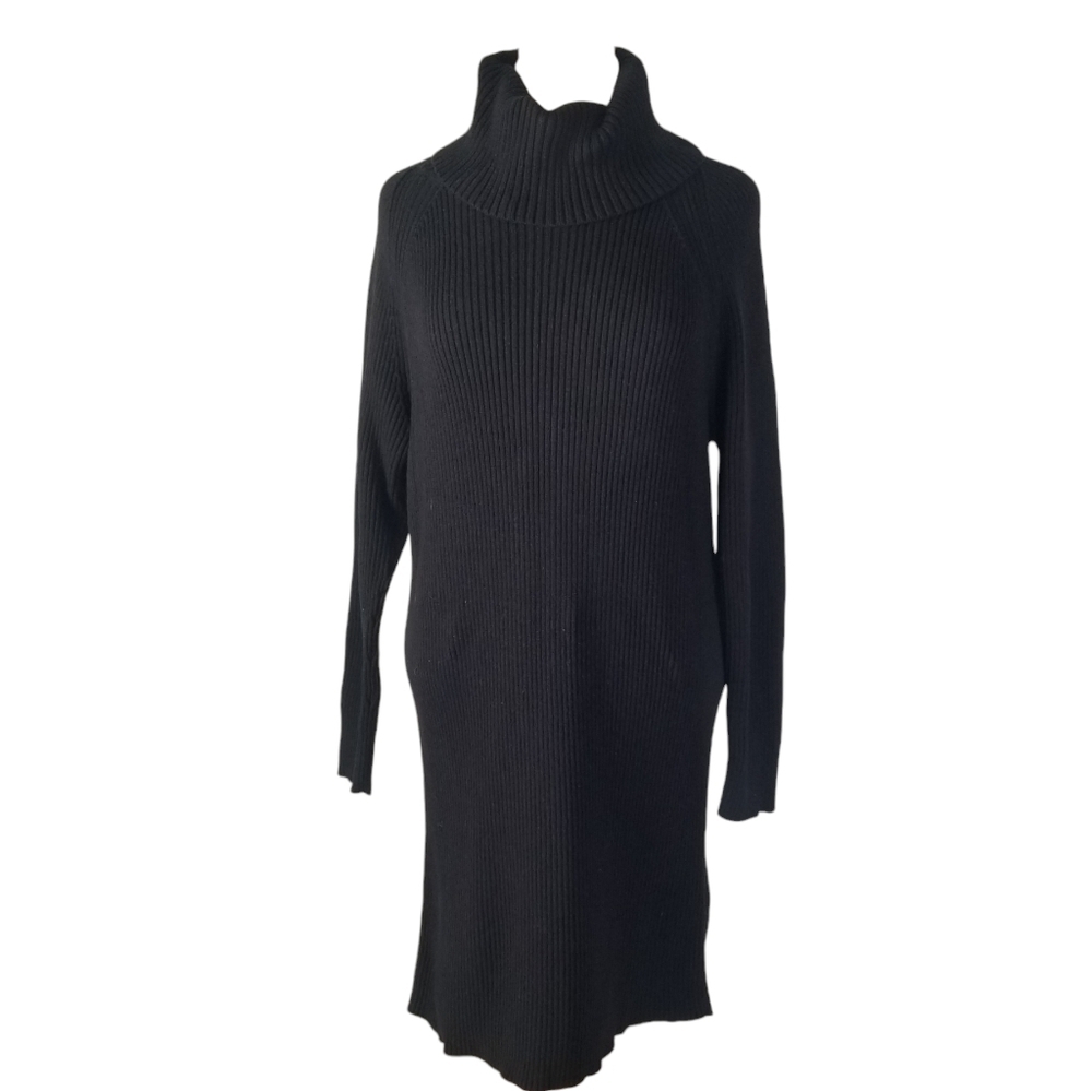 French Connection Black Katerina Mini Ribbed Sweater Dress Size L Turtleneck